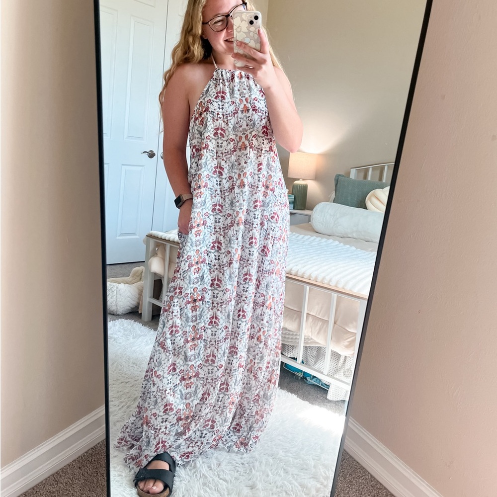 Floral Halter Neck Maxi Dress - White & Pink